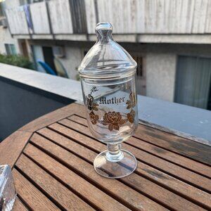 Vintage Glass Apothecary Jar With Lid - "Mother" Design With Gold Roses - Elegan